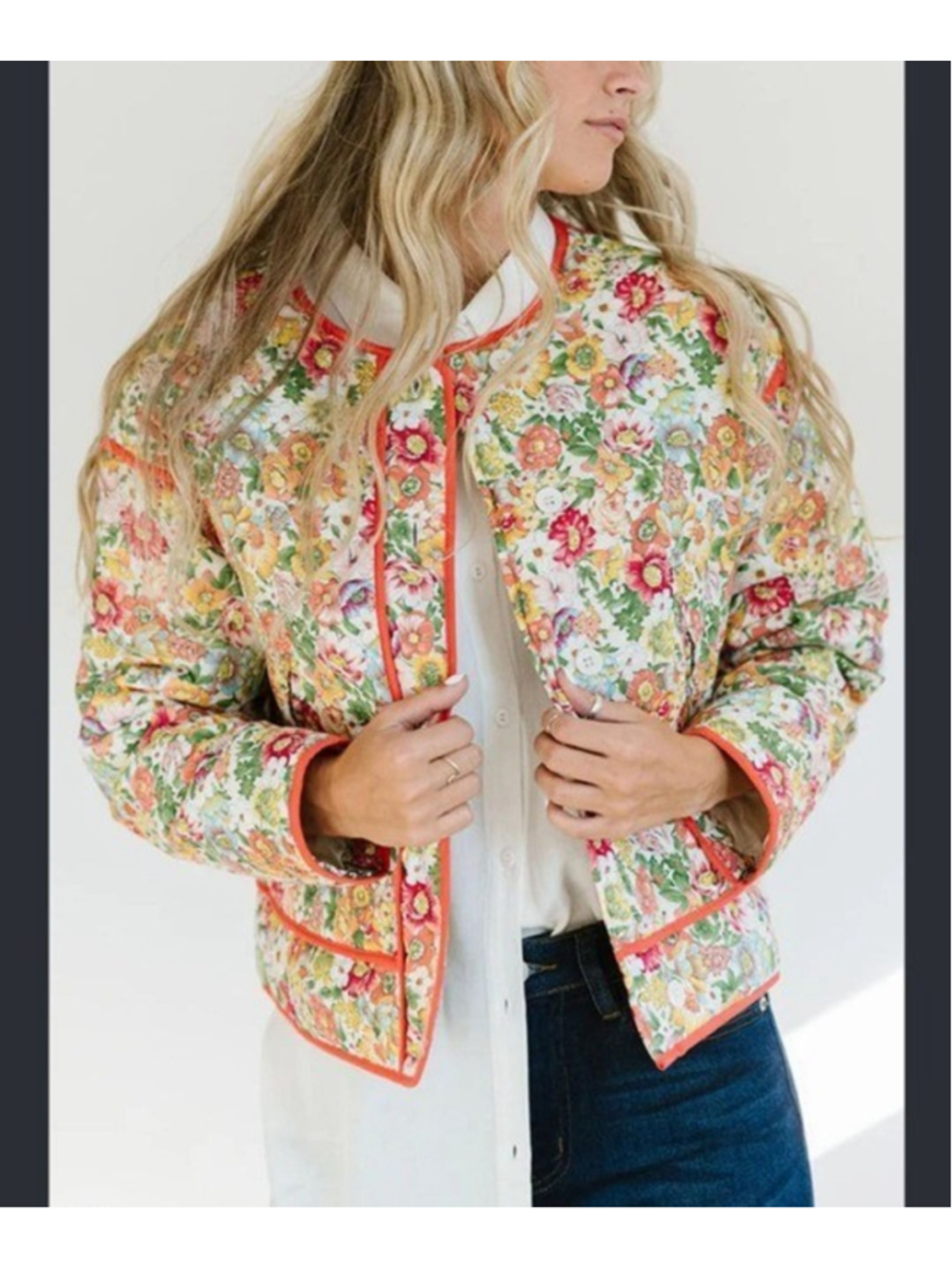 &merci Floral Quilted Jacket Women's M Cotton Button Up Collared Short Casual
